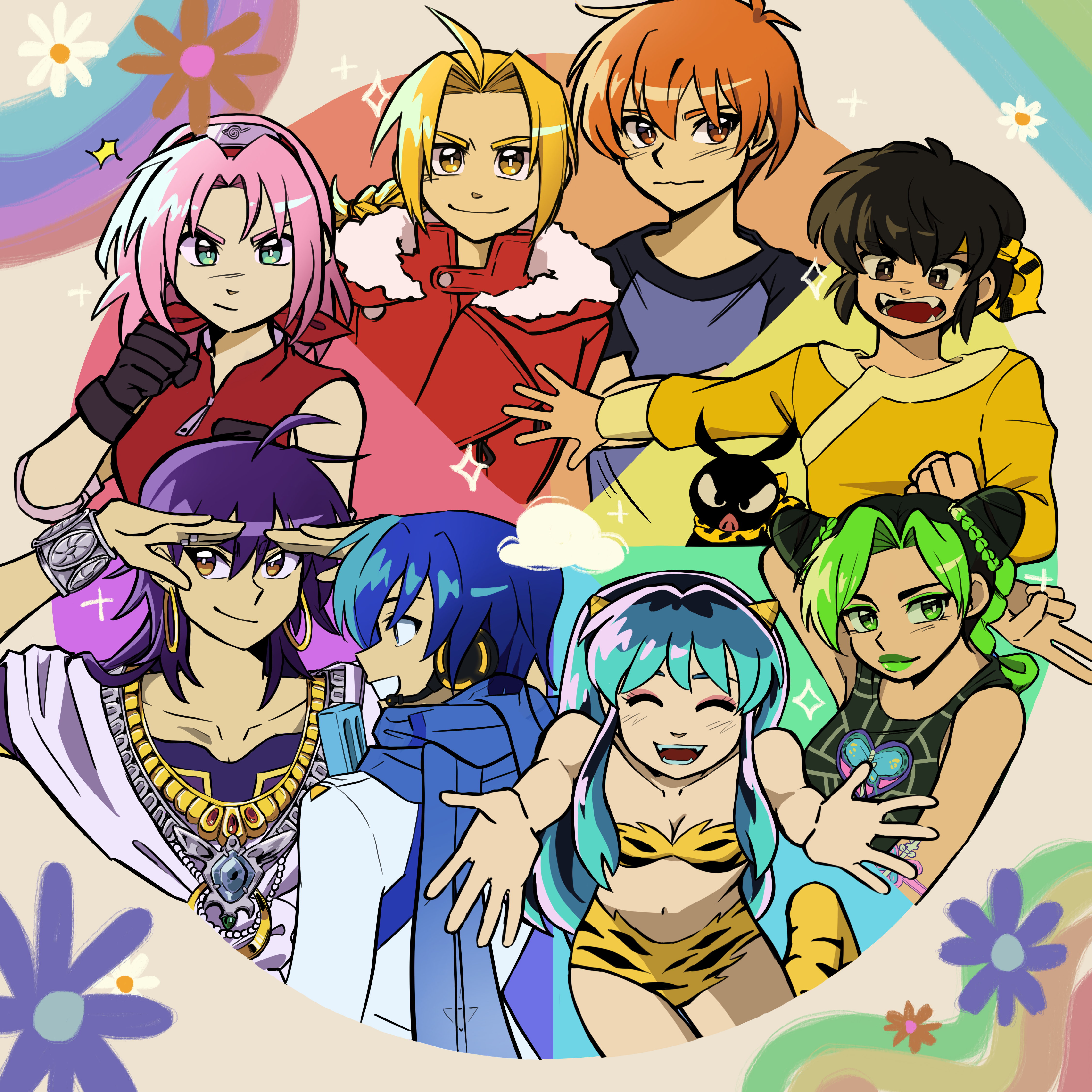 fanart by the colors:ryouga, jolyne, lum, kaito, sinbad, sakura, edward, kyo
