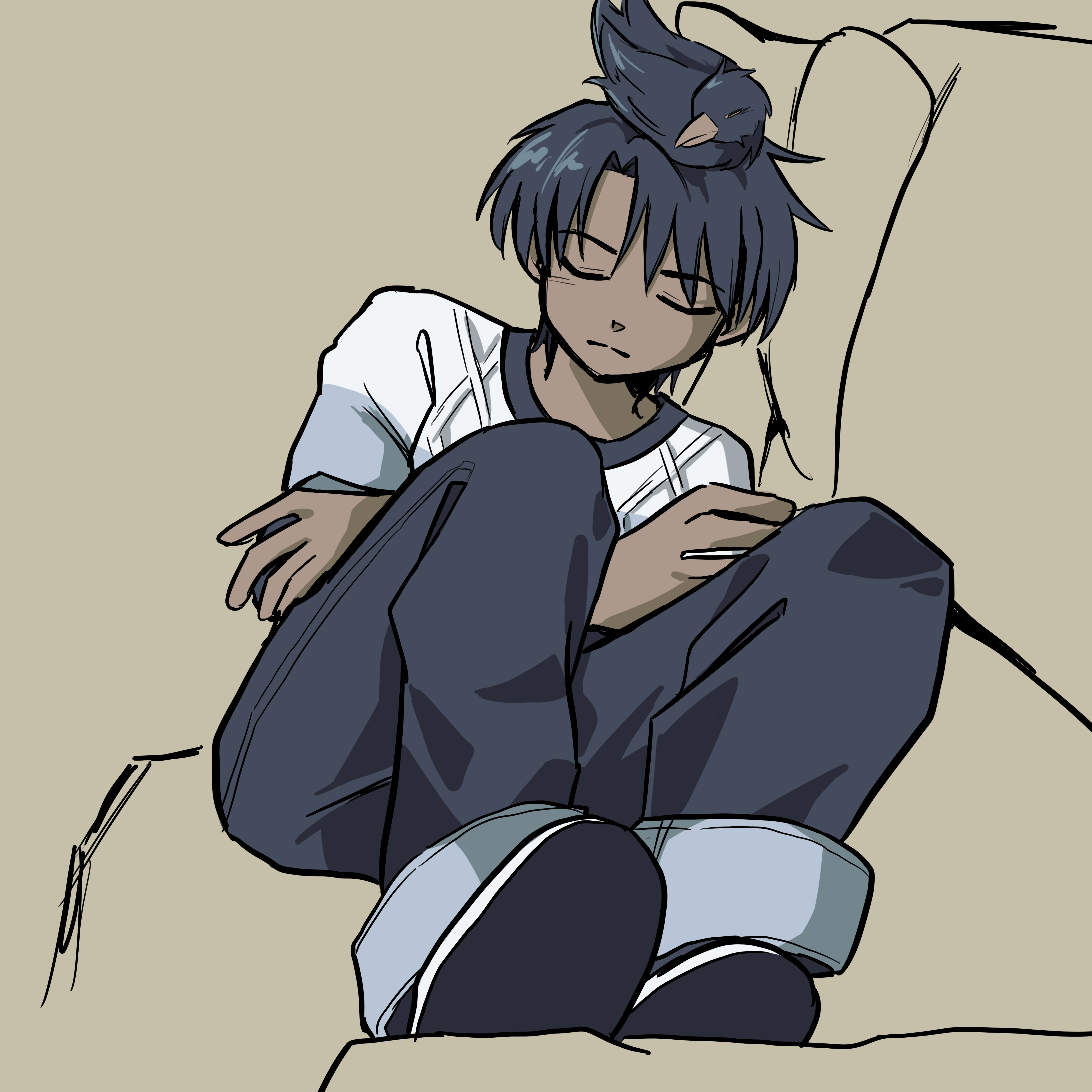 emil sleeping with raven on head