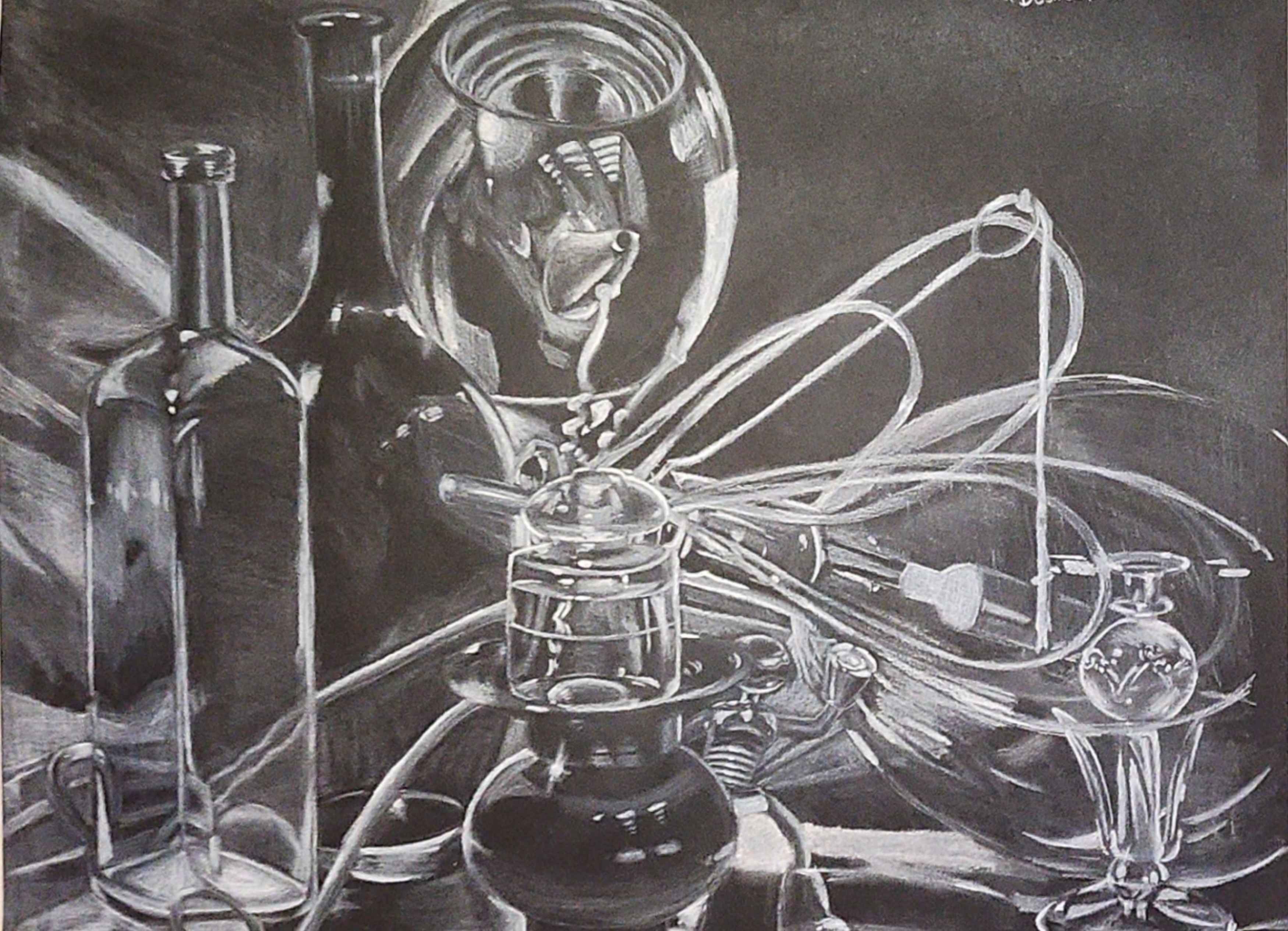 white pencil on black paper still life