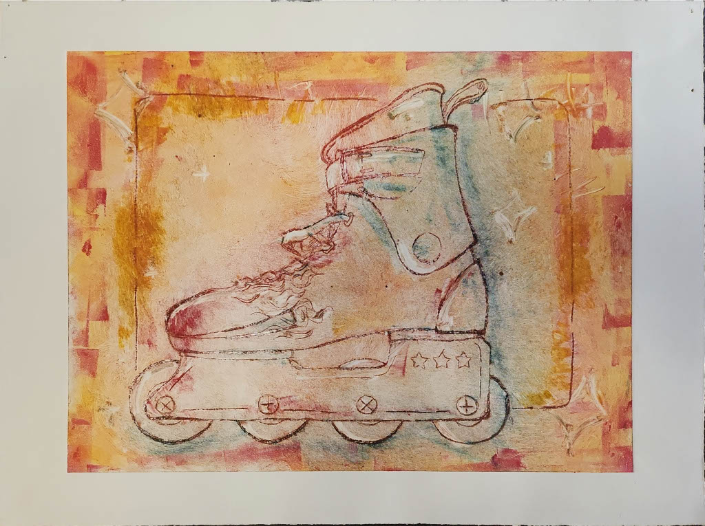 red and yellow inline skate monoprint