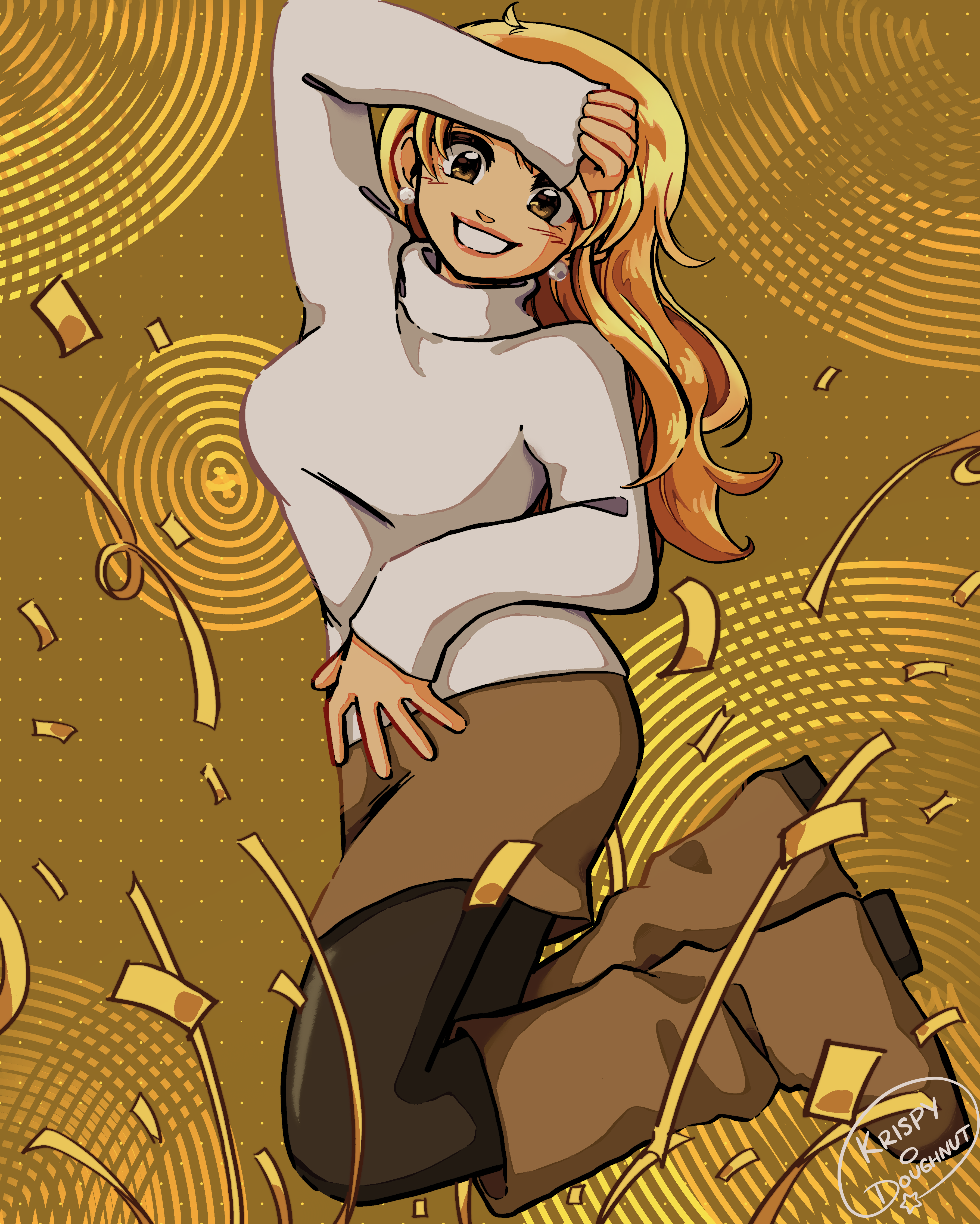 nami jumping in the air amongst a flurry of confetti