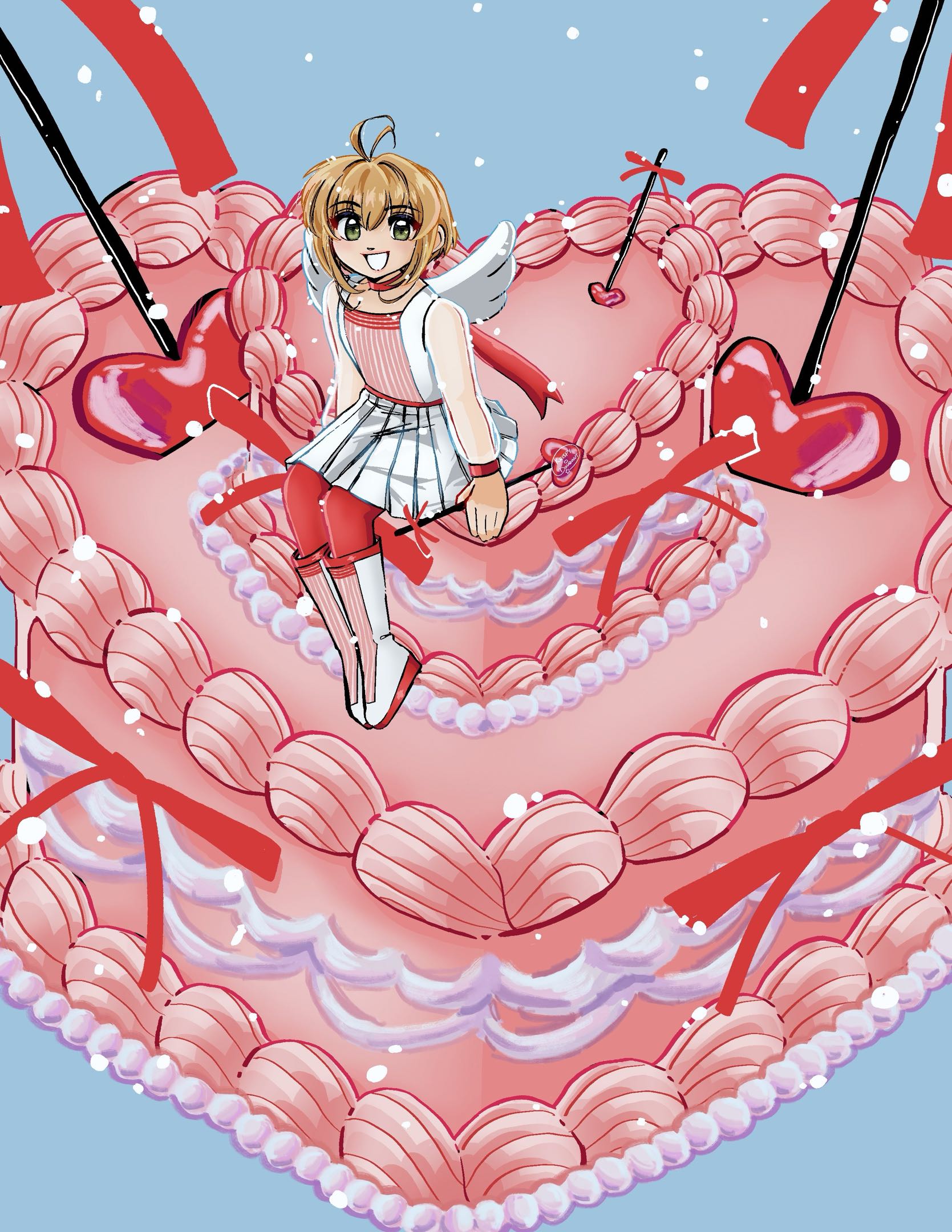 cupid sakura kinomoto sitting on top of heart cake
